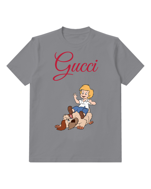 Gray Boy On Dog Waving Hands Graphic T-Shirt - front product view