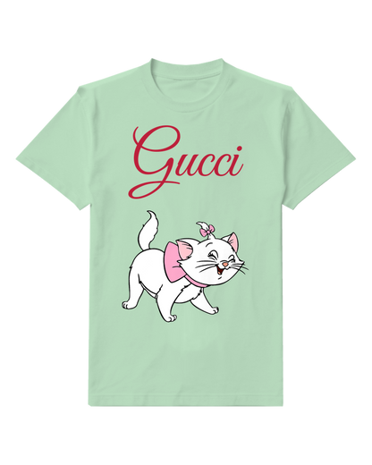 Sage Green White Kitten Pink Ribbon Graphic T-Shirt - front product view