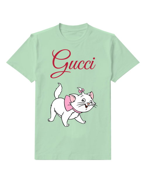 Sage Green White Kitten Pink Ribbon Graphic T-Shirt - front product view