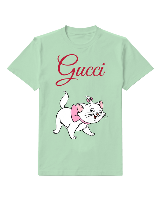 Sage Green White Kitten Pink Ribbon Graphic T-Shirt - front product view