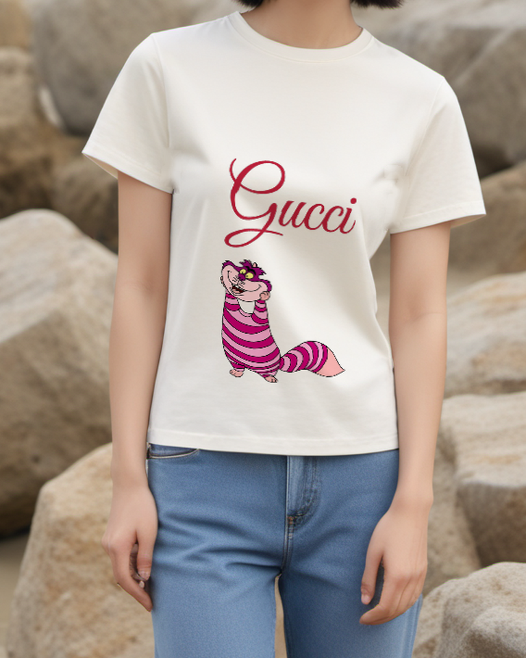 Ivory Purple Striped Grinning Cat Graphic T-Shirt - styled view 2