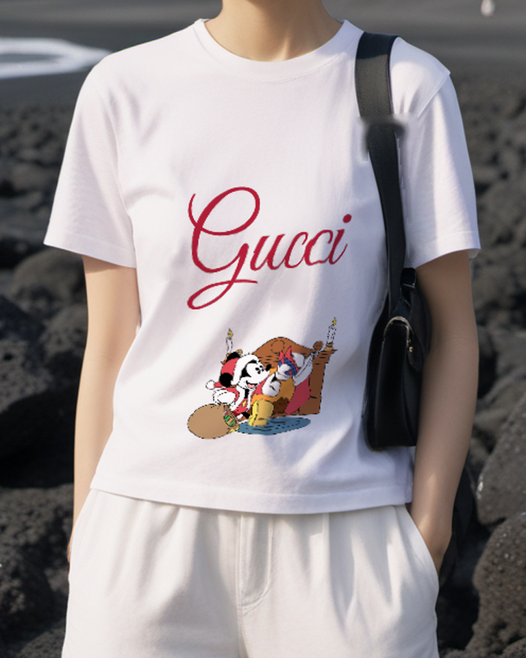 White Holiday Fireplace Mouse Graphic T-Shirt - styled view 1
