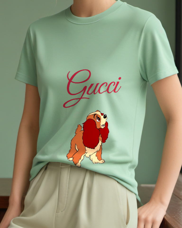 Sage Green Lady Looking Up With Long Russet Ears Graphic T-Shirt - model wearing view