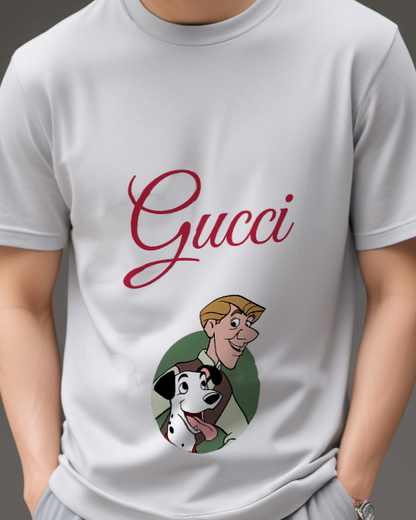 Light Gray Man And Spotted Puppy Portrait Graphic T-Shirt - model wearing view