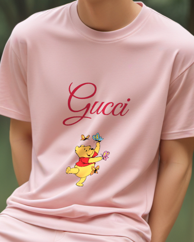 Blush Pink Winnie The Pooh Dancing With Butterflies Graphic T-Shirt - model wearing view