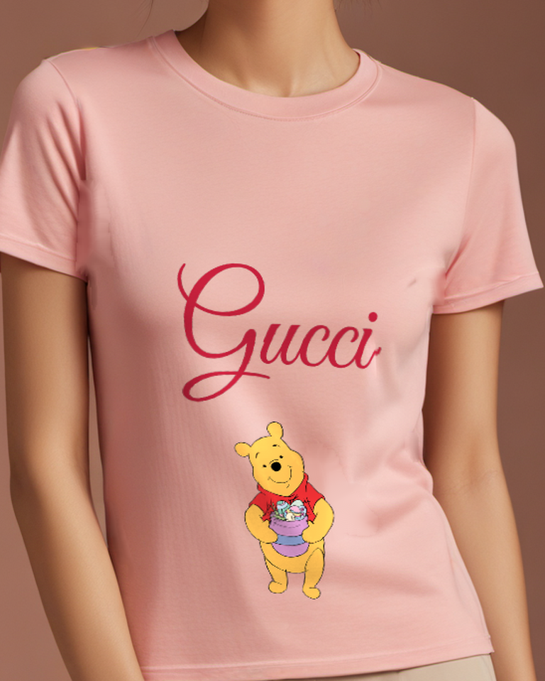 Blush Pink Winnie The Pooh Holding Easter Eggs Graphic T-Shirt - model wearing view