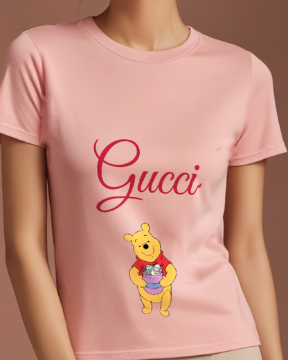 Blush Pink Winnie The Pooh Holding Easter Eggs Graphic T-Shirt - model wearing view