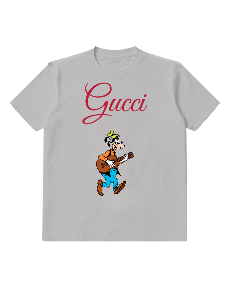 Light Gray Dog Carrying Brown Guitar Graphic T-Shirt - front product view