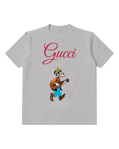 Light Gray Dog Carrying Brown Guitar Graphic T-Shirt - front product view