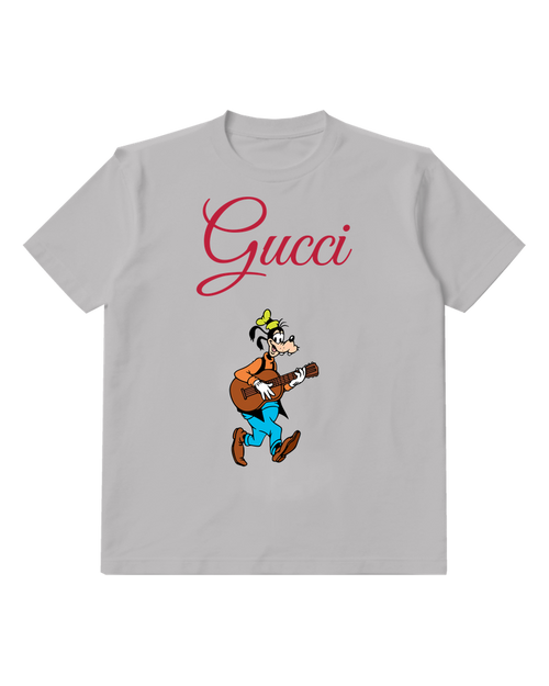 Light Gray Dog Carrying Brown Guitar Graphic T-Shirt - front product view