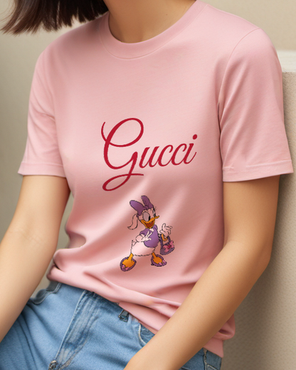 Blush Pink Daisy Duck Waving With Purse Graphic T-Shirt - model wearing view
