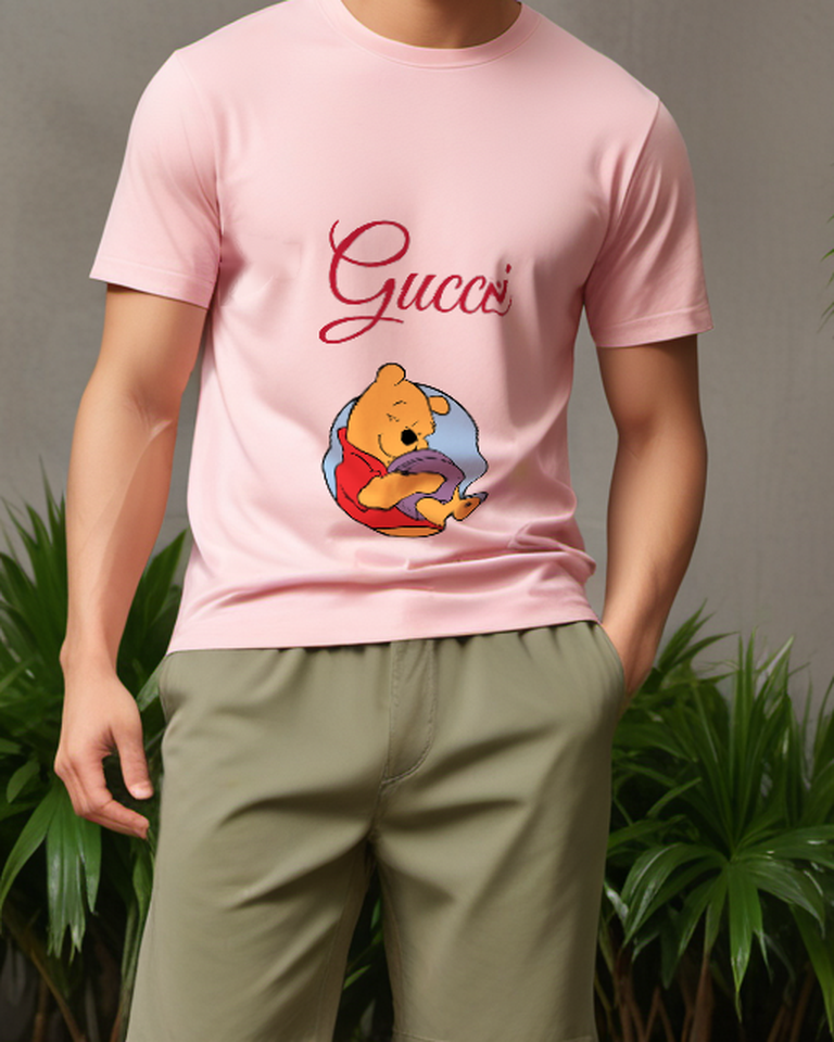 Blush Pink Winnie The Pooh Holding A Pot Graphic T-Shirt - model wearing view