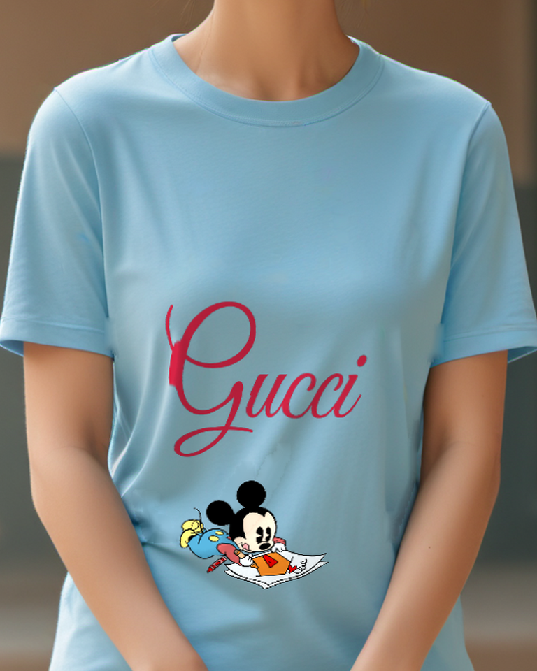 Dusty Blue Baby Mickey Drawing On Paper Graphic T-Shirt - model wearing view