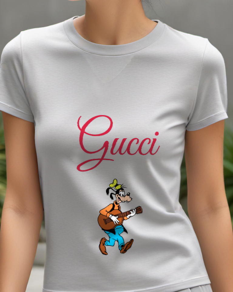 Light Gray Dog Carrying Brown Guitar Graphic T-Shirt - model wearing view