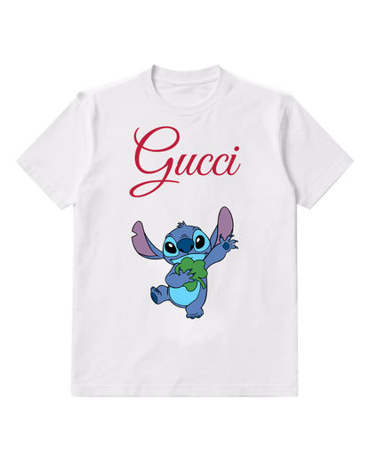 White Blue Creature Green Leaf Graphic T-Shirt - front product view