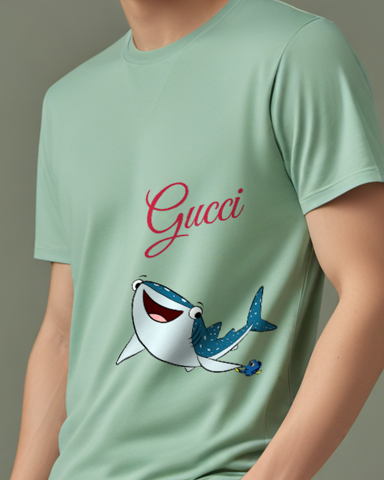 Sage Green Shark With Wide Grin And Blue Spots Graphic T-Shirt - model wearing view