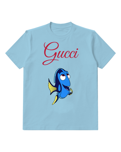 Sky Blue Blue Fish With Yellow Fins Smiling Graphic T-Shirt - front product view