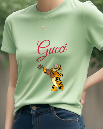 Sage Green Tigger Playing Violin Enthusiastically Graphic T-Shirt - model wearing view