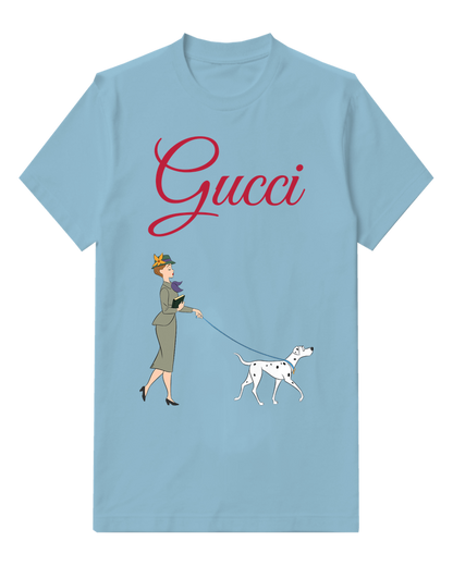 Sky Blue Woman Walks Dog On Leash Graphic T-Shirt - front product view