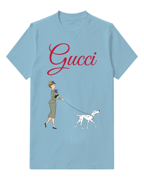 Sky Blue Woman Walks Dog On Leash Graphic T-Shirt - front product view