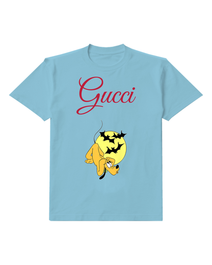 Sky Blue Pluto Upside Down With Bats Graphic T-Shirt - front product view