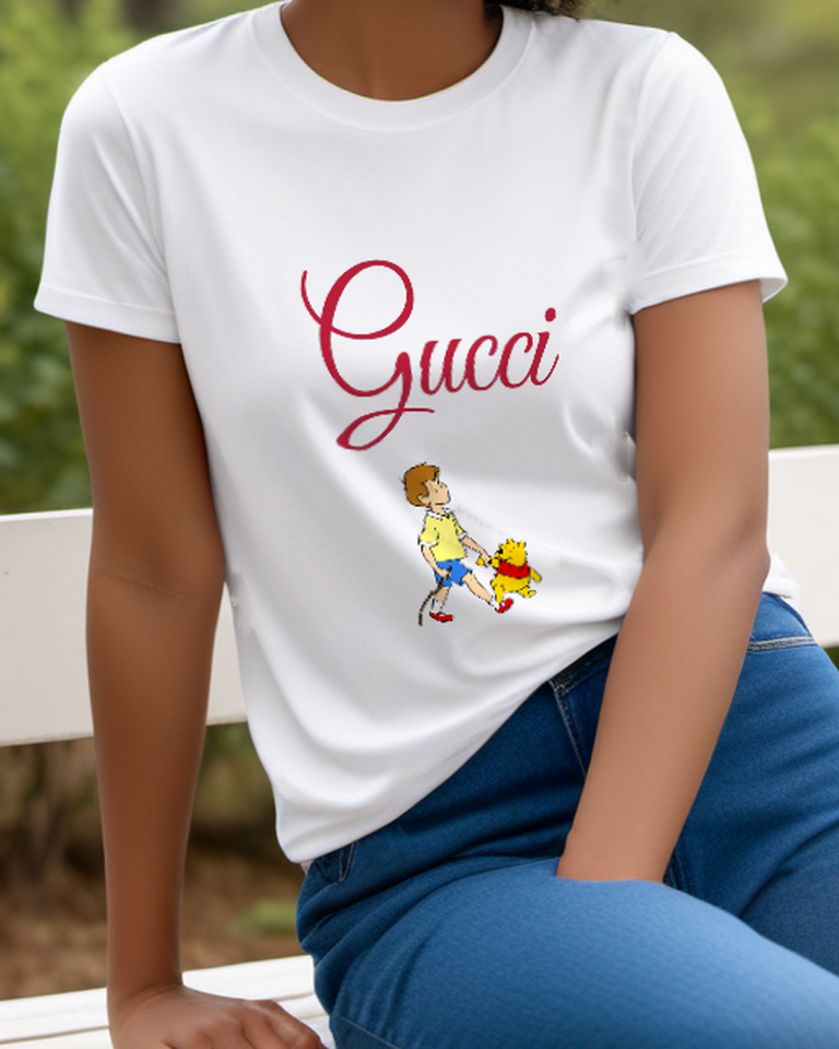 White Boy Walks With Bear Holding Stick Graphic T-Shirt - model wearing view
