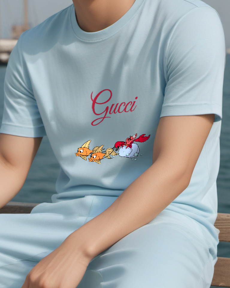 Sky Blue Little Fish And Crab Group Graphic T-Shirt - model wearing view