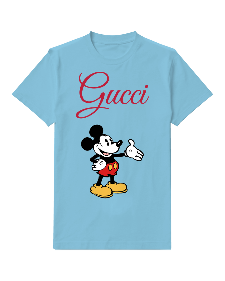 Sky Blue Mickey Mouse Waving Hand Front Print Graphic T-Shirt - front product view