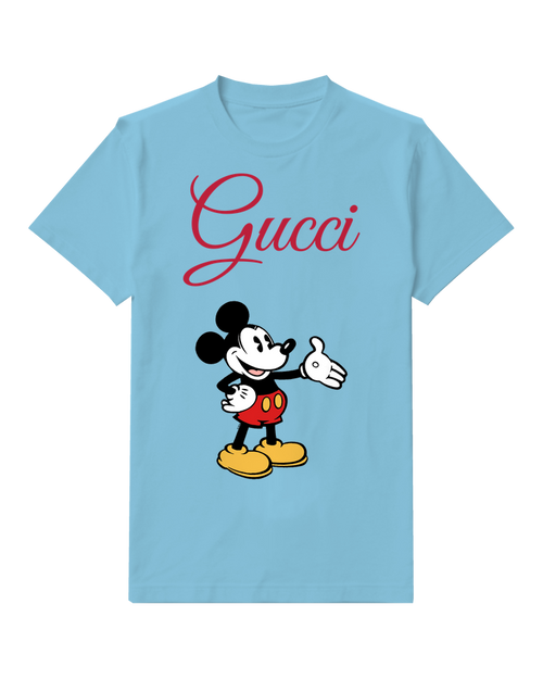 Sky Blue Mickey Mouse Waving Hand Front Print Graphic T-Shirt - front product view