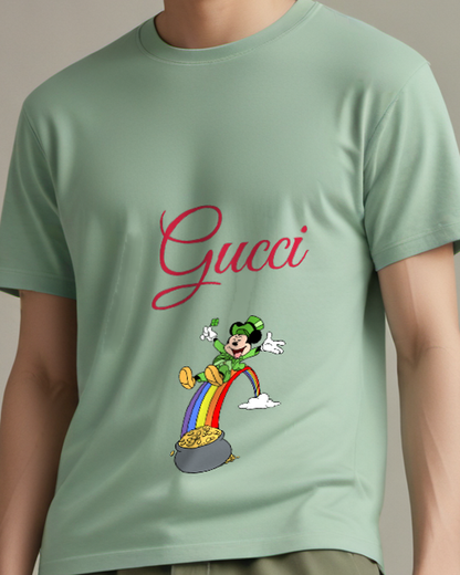 Sage Green Mickey Mouse Leaping Rainbow Graphic T-Shirt - model wearing view