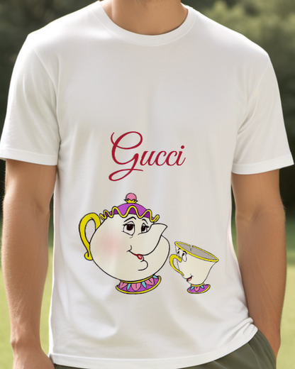 Light Gray Teapot Shaped Teacup Smiling Graphic T-Shirt - model wearing view