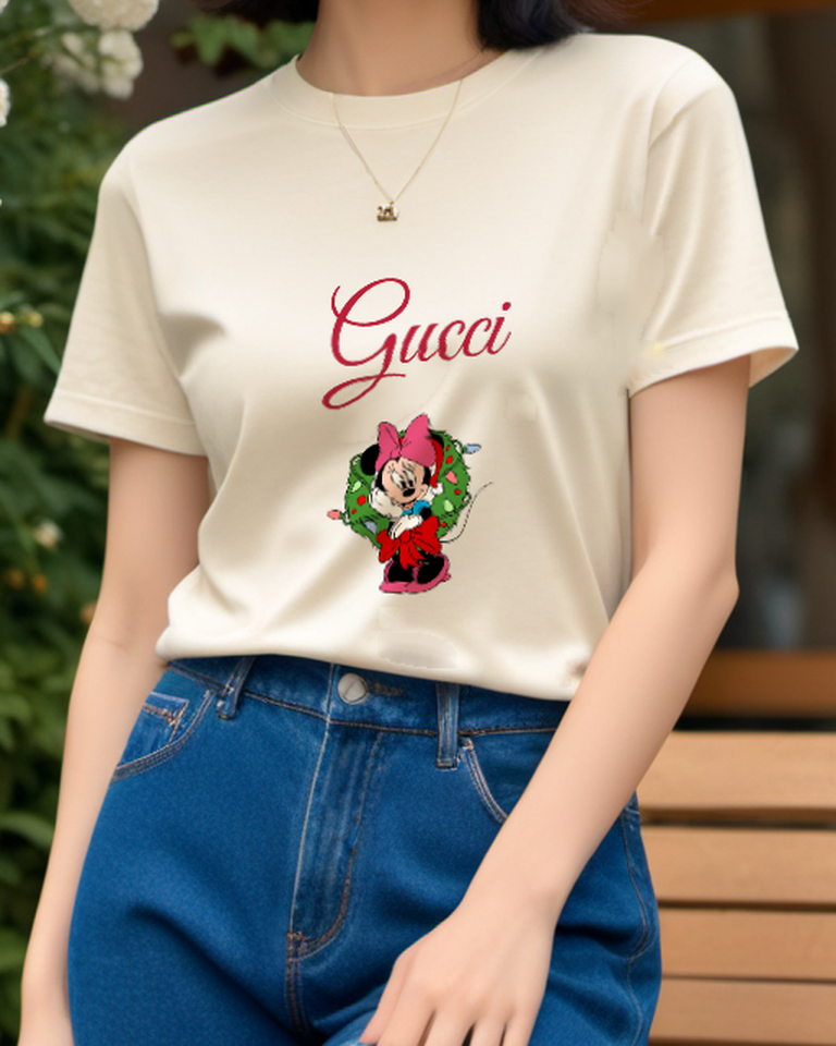 Ivory Minnie Mouse Holding Festive Wreath Graphic T-Shirt - model wearing view