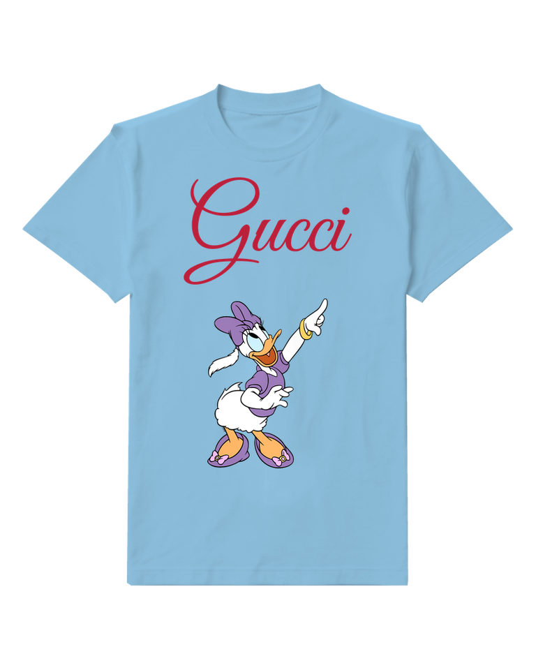 Sky Blue Daisy Duck Pointing Upward Graphic T-Shirt - front product view