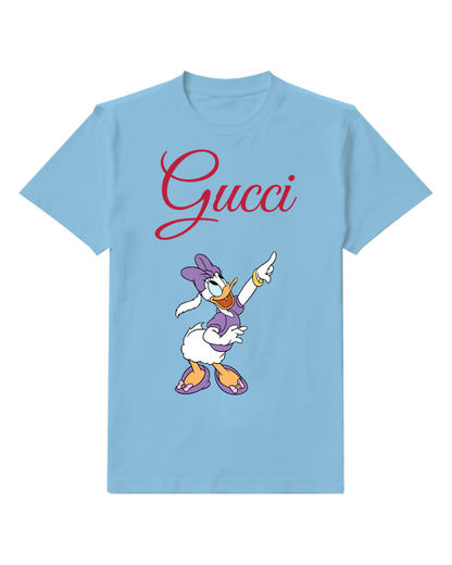 Sky Blue Daisy Duck Pointing Upward Graphic T-Shirt - front product view