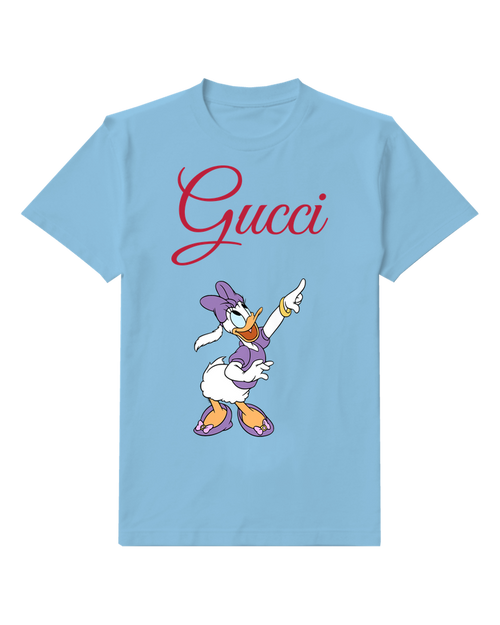 Sky Blue Daisy Duck Pointing Upward Graphic T-Shirt - front product view