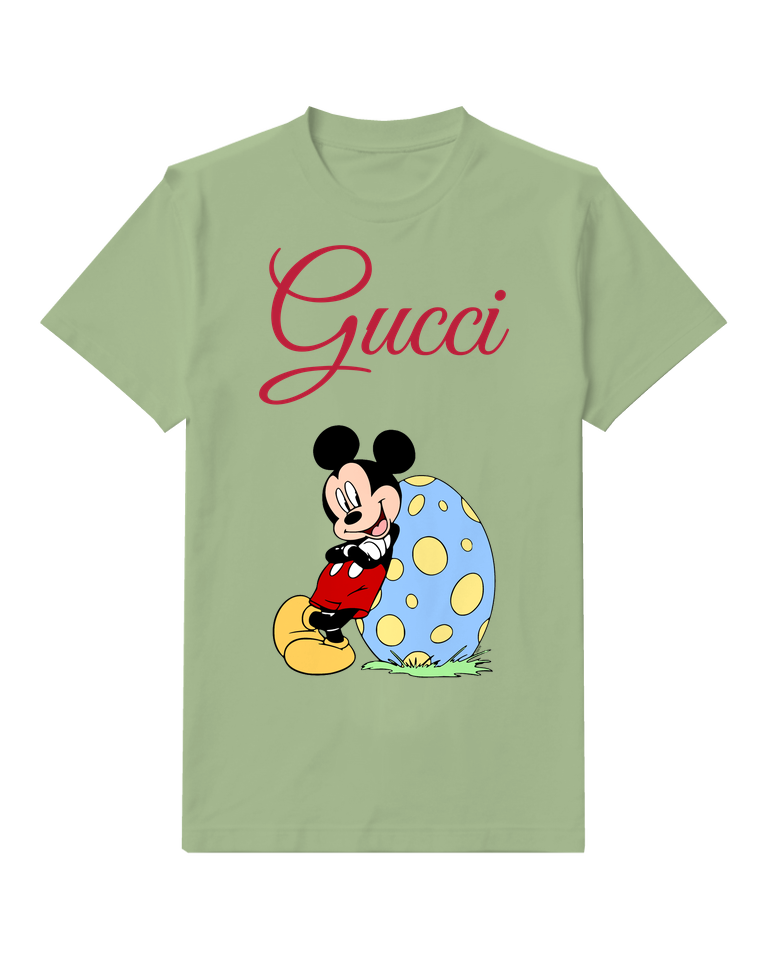 Sage Green Mickey Mouse Leans Beside Giant Egg Graphic T-Shirt - front product view