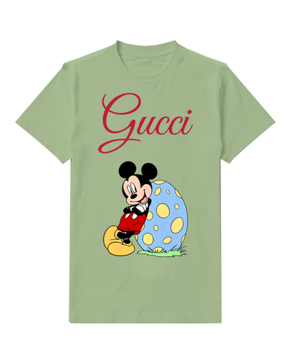 Sage Green Mickey Mouse Leans Beside Giant Egg Graphic T-Shirt - front product view