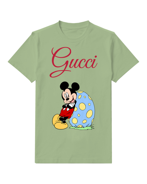 Sage Green Mickey Mouse Leans Beside Giant Egg Graphic T-Shirt - front product view
