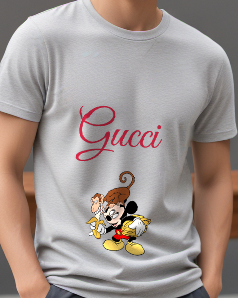 Light Gray Mickey Mouse With Monkey And Bananas Graphic T-Shirt - model wearing view
