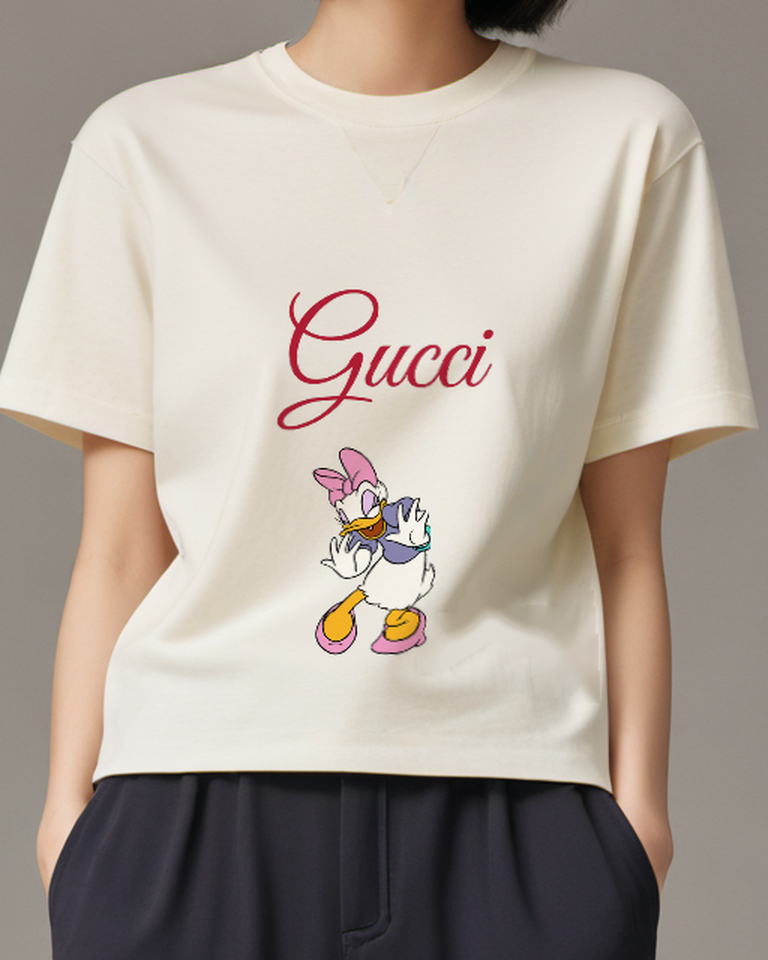 White Daisy Duck Laughing With Hands Up Graphic T-Shirt - model wearing view