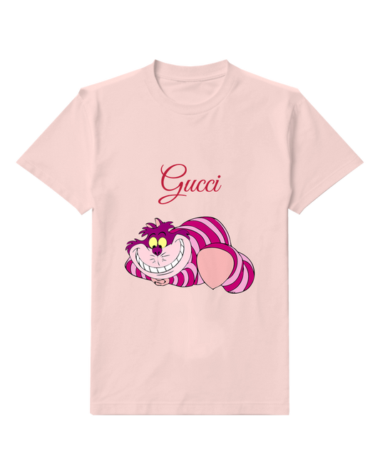 Blush Pink Striped Cat Low Smile Graphic T-Shirt - front product view