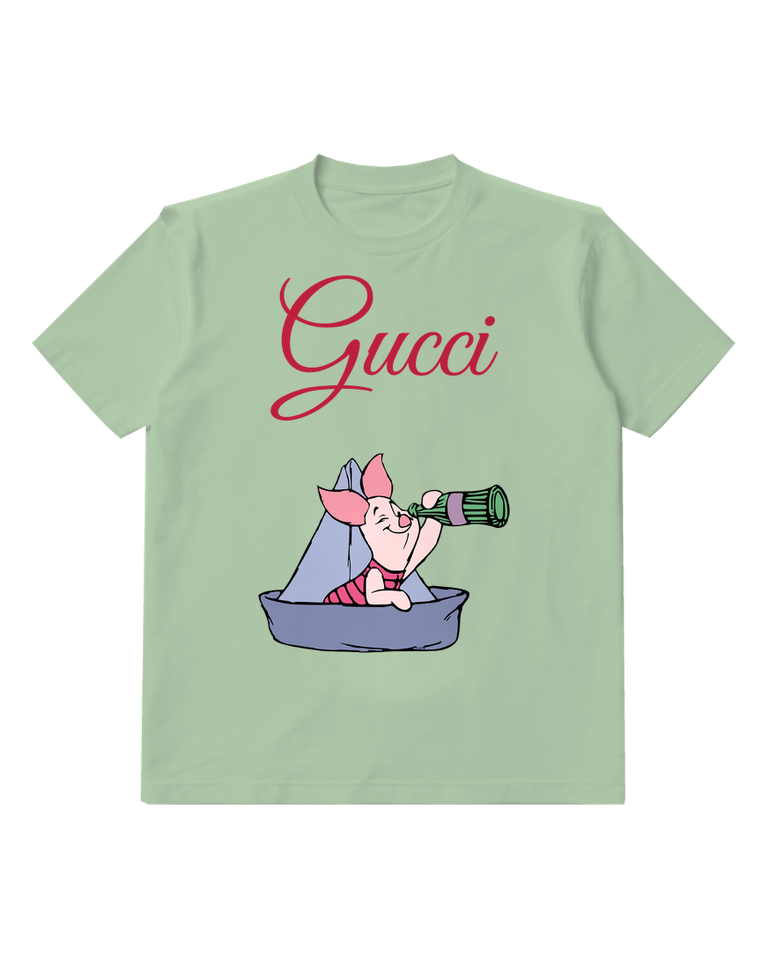 Sage Green Piglet In Boat With Telescope Graphic T-Shirt - front product view