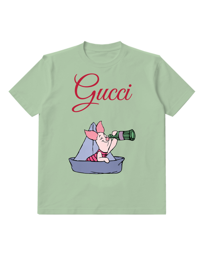 Sage Green Piglet In Boat With Telescope Graphic T-Shirt - front product view