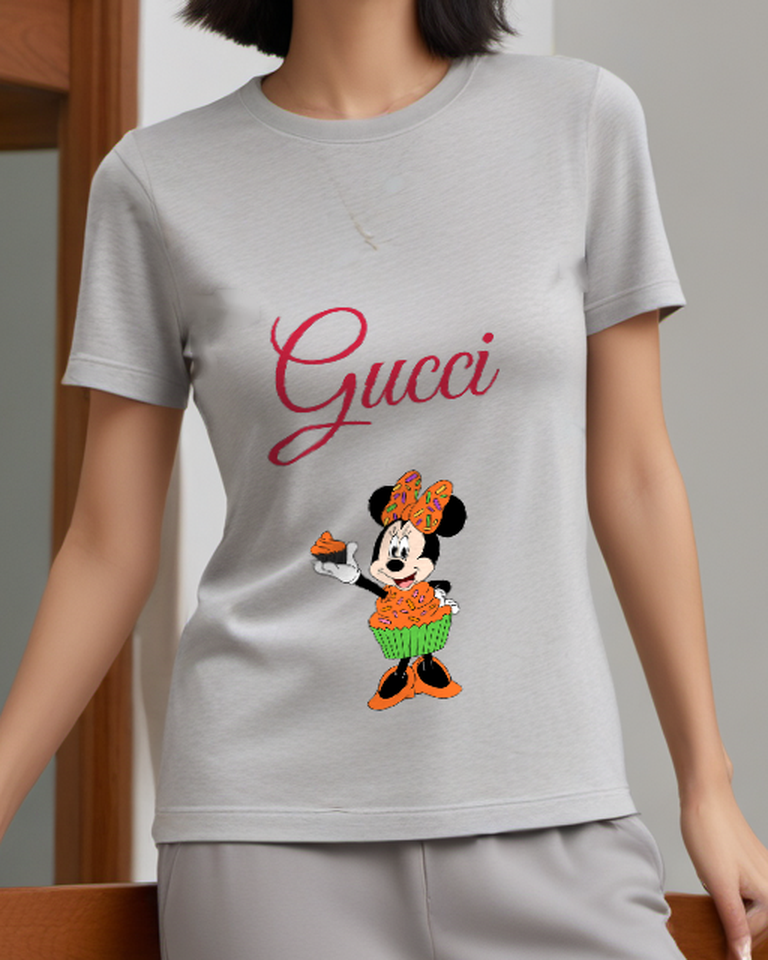 Light Gray Minnie Mouse Holds Cupcake Graphic T-Shirt - model wearing view