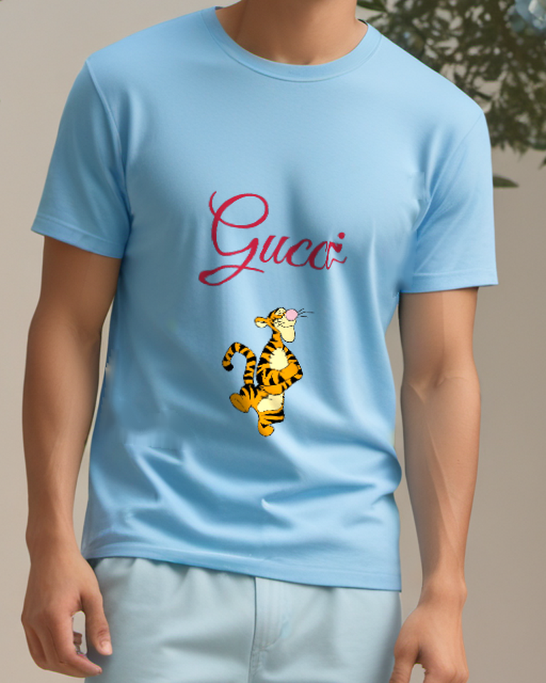 Sky Blue Tigger Character Standing On One Leg Graphic T-Shirt - model wearing view