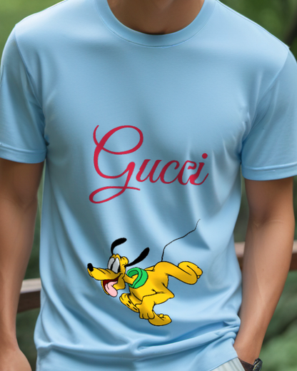Sky Blue Pluto Running With Green Collar Graphic T-Shirt - model wearing view