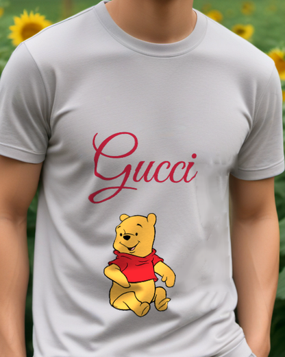 Light Gray Smiling Bear Sitting Cross Legged Graphic T-Shirt - model wearing view
