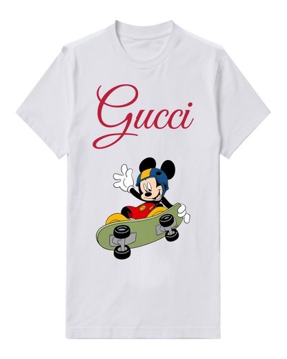 White Mickey Mouse Skateboarding Waving Graphic T-Shirt - front product view