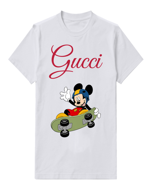 White Mickey Mouse Skateboarding Waving Graphic T-Shirt - front product view