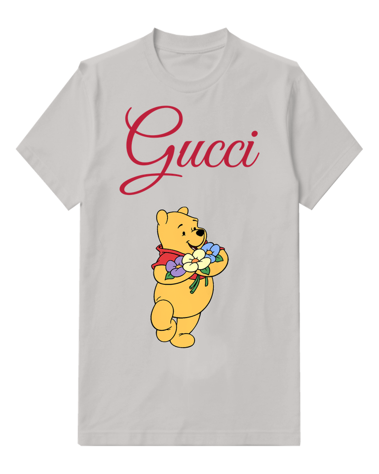 Light Gray Winnie The Pooh Holding Flowers Front Print Graphic T-Shirt - front product view